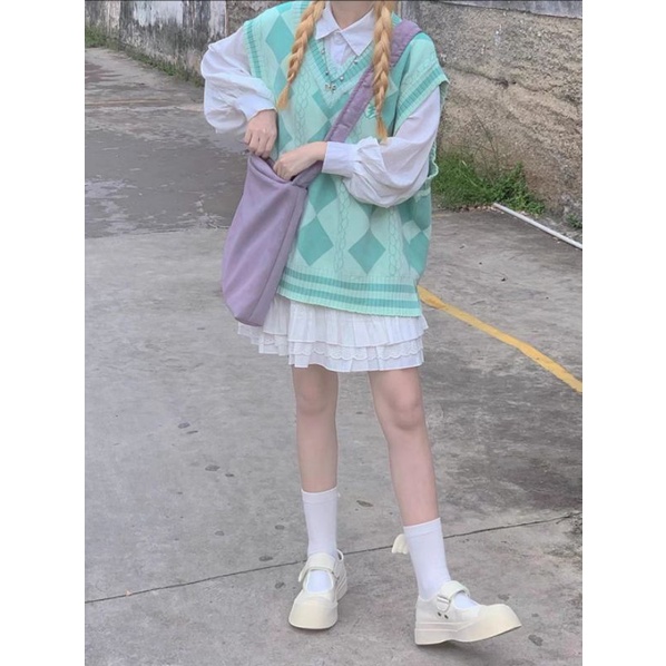 Áo gile len dệt kim hoạ tiết kim cương xanh ulzzang oder taobao