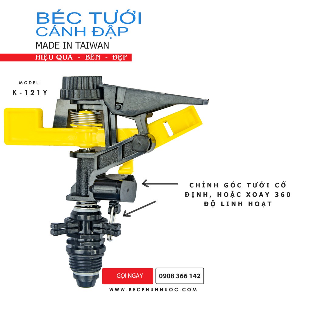 Taiwan- K121Y Béc tưới cây cánh đập tùy chỉnh góc JINLI, vòi tưới cây,xoay 360 độ, ren ngoài 21mm, 1 vòi phun, bán kính