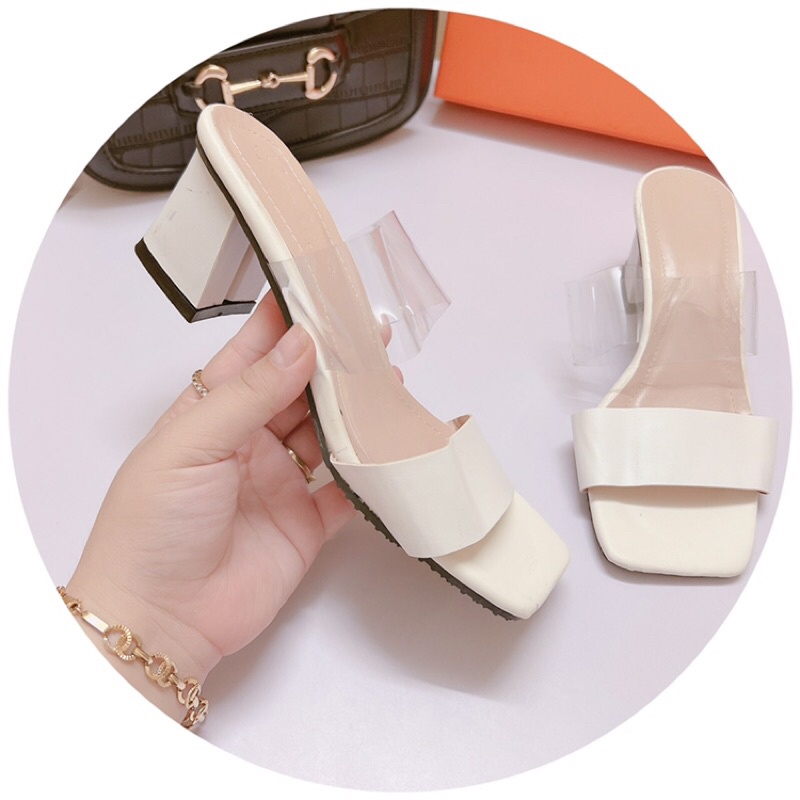 Dép cao gót quai mảnh da lì phối quai trong gót vuông 7cm