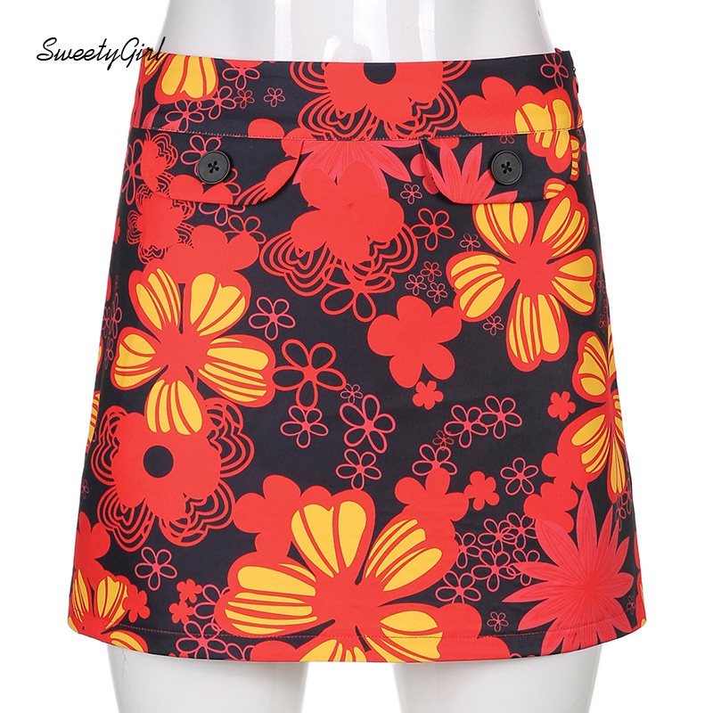 Chân Váy Mini Lưng Cao Phối Nút In Họa Tiết Hoa Màu Sắc Tương Phản Thời Trang Cho Nữ