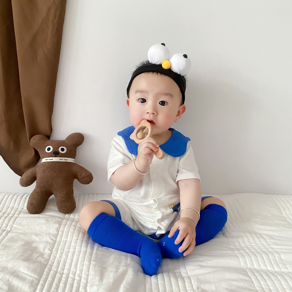 Bộ Áo Liền Quần Cotton Cổ Búp Bê Hoạt Hình Dễ Thương Cho Bé Trai Gái 0-24 Tháng Tuổi