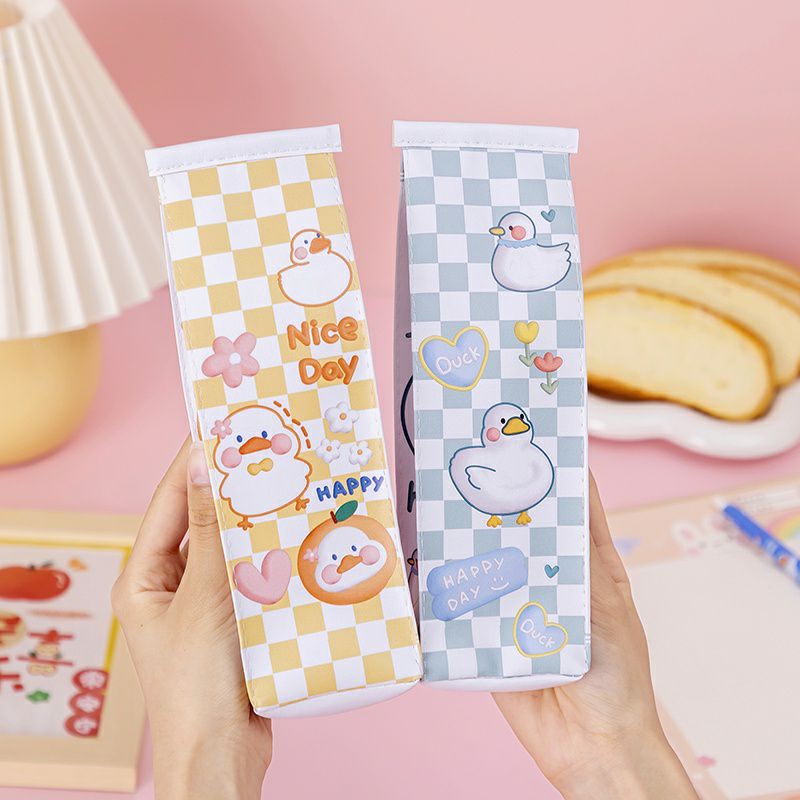 Hộp đựng bút, túi bút hình hộp sữa họa tiết caro vịt vàng, cô bé, thỏ đáng yêu