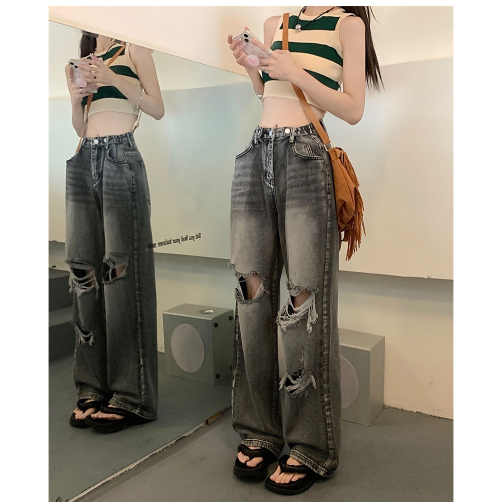 Quần jean ZHELIHANGFEI dài lưng cao dáng rộng thiết kế cắt xẻ thời trang cá tính dành cho nữ