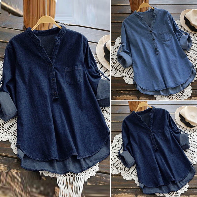 Áo sơ mi denim tay dài cổ V đính nút thời trang thoải mái cho nữ