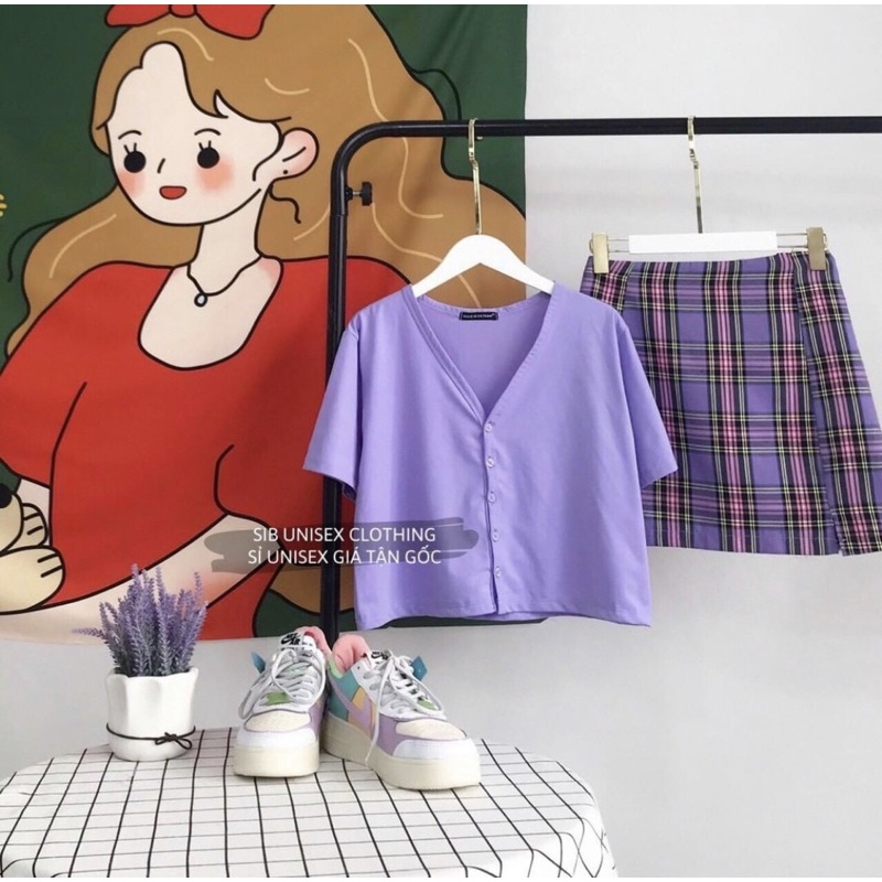 Áo croptop nữ cổ tim tay ngắn có nút cài form rộng phong cách ulzzang SIB013