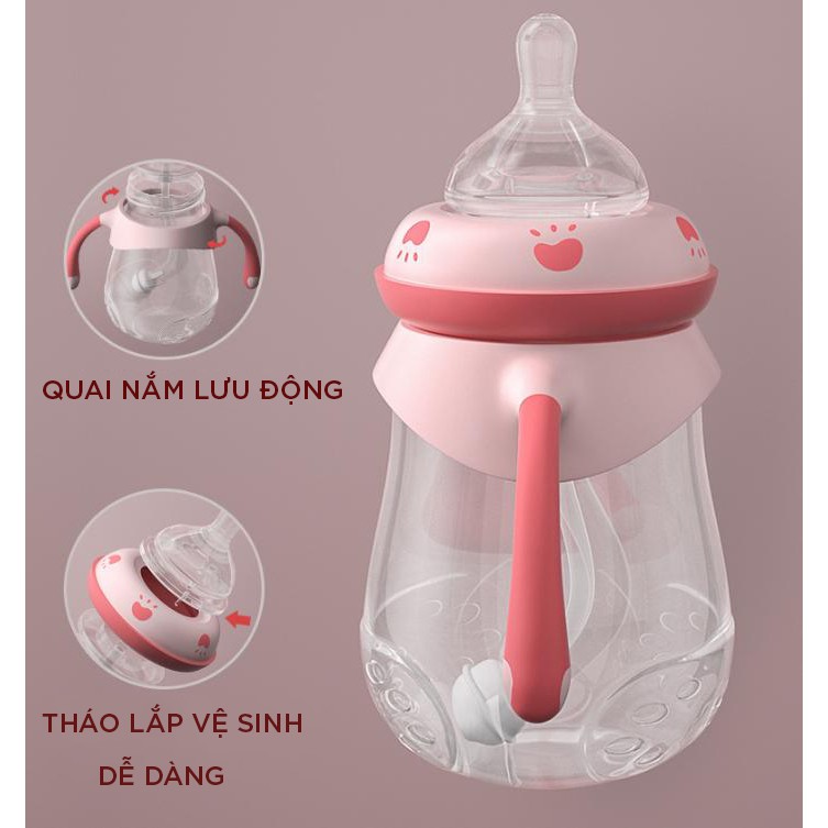 Bình sữa chống sặc oberni cổ rộng có tay cầm tiện dụng cao cấp an toàn cho bé 240ml DS06