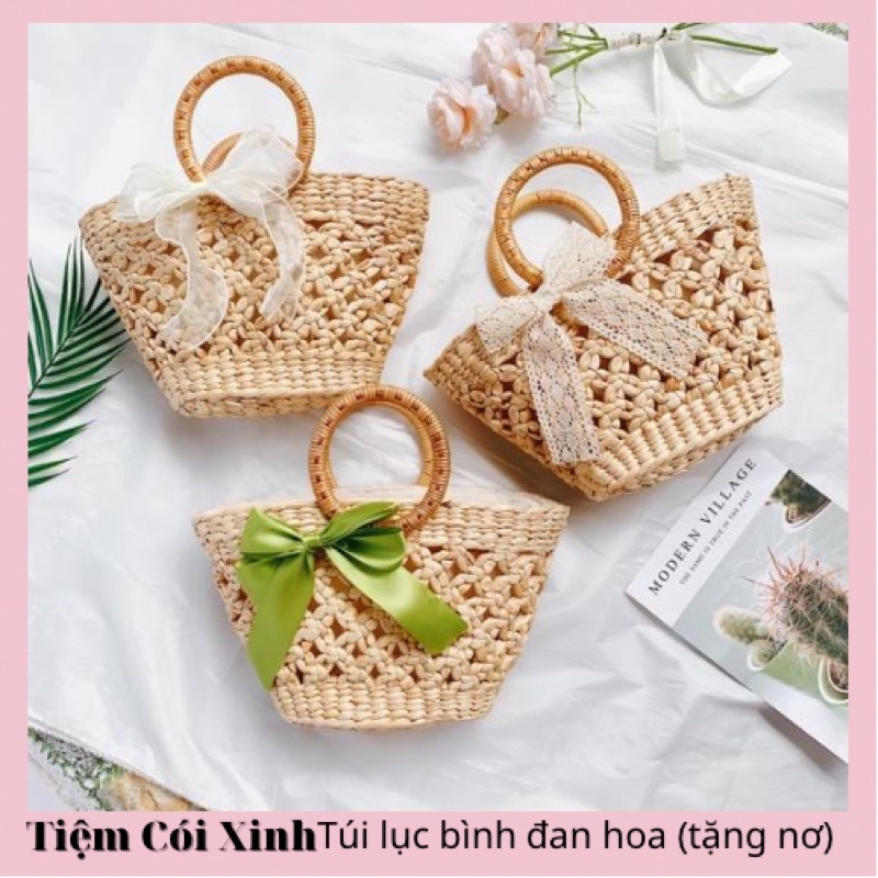 Túi Xách Lục Bình Hình Thang Đan Hoa Vintage Gắn Nơ Dễ Thương TIỆM CÓI XINH