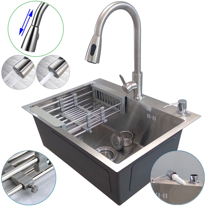 Combo chậu rửa bát cao cấp KZ-CB6045DR inox chậu 1 hộc kèm vòi inox tặng bình xịt, rổ rút để hoa quả,..