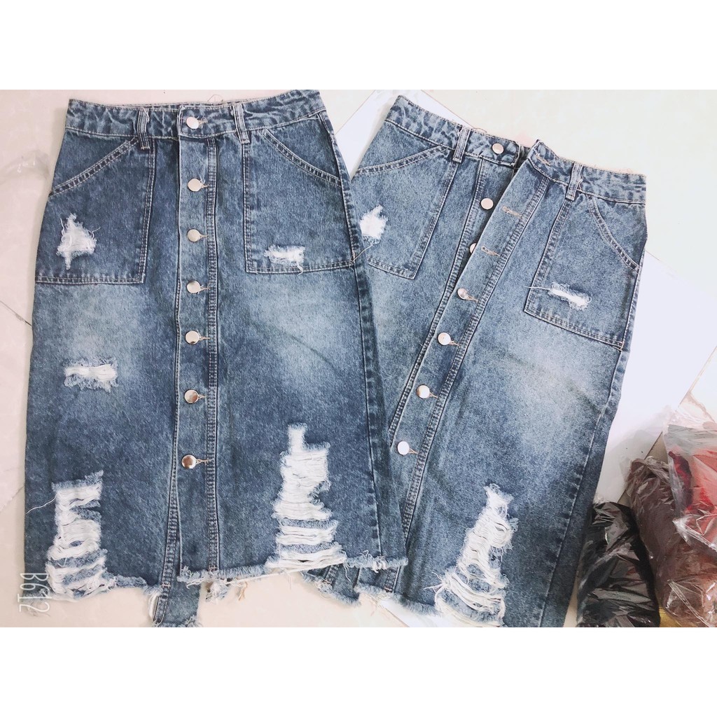 CHÂN VÁY JEAN DÀI PHỐI NÚT RÁCH CỰC BỤI (BAO ĐẸP CHUẨN ẢNH) | BigBuy360 - bigbuy360.vn