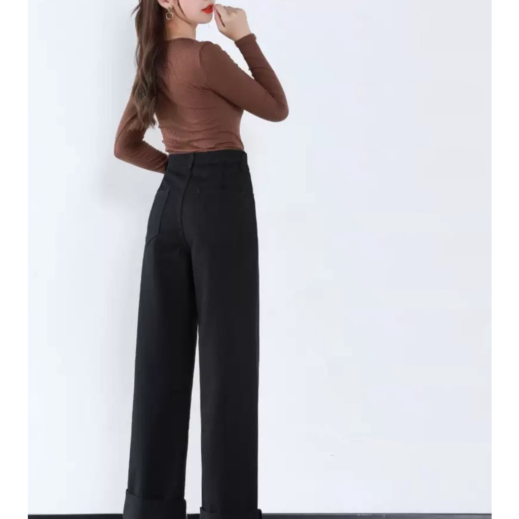 [ CHỒNG NGỒNG ] QUẦN JEAN ỐNG RỘNG NỮ LƯNG CAO LAI CUỐN PHỐI CẠP CHỈNH MÀU ĐEN PHÁ CÁCH BỤI THỜI TRANG CAO CẤP HADI