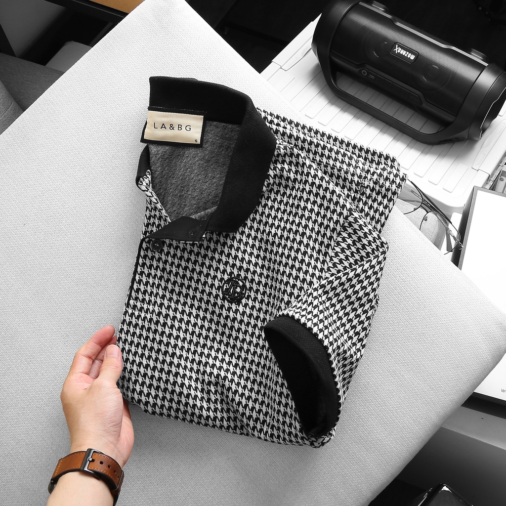 Áo Polo thương hiệu LA&BG cao cấp, vải dệt hoạ tiết caro sang trọng,hiện đại