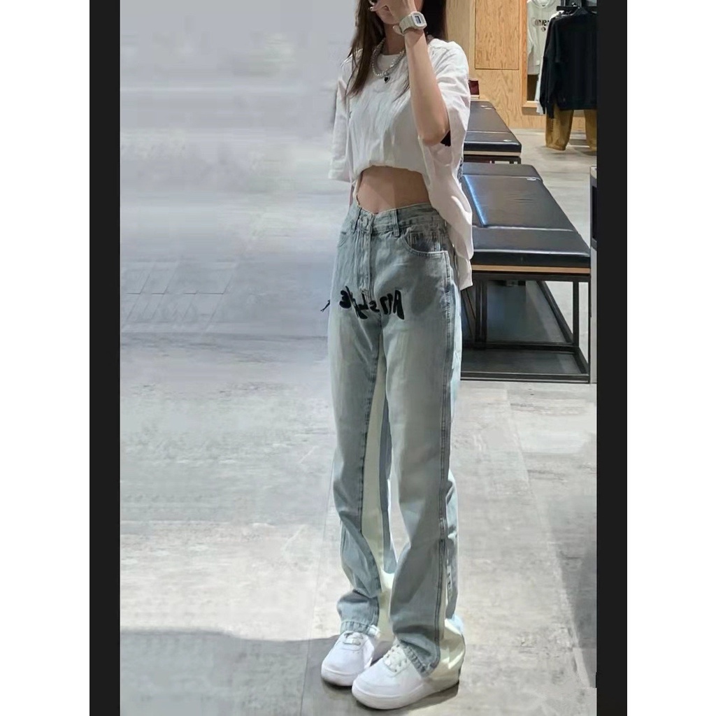 Cocory vn Quần Jeans Nữ Lưng Cao Thêu Chữ Thời Trang