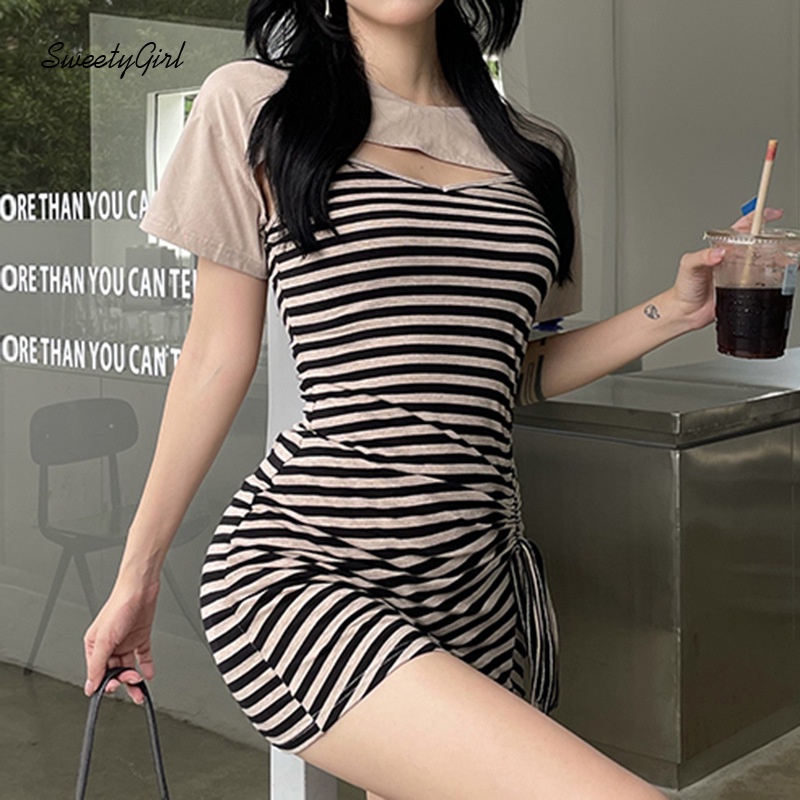 Đầm Mini Tay Ngắn Họa Tiết Kẻ Sọc Màu Sắc Tương Phản Thời Trang Quyến Rũ Cho Nữ 2022