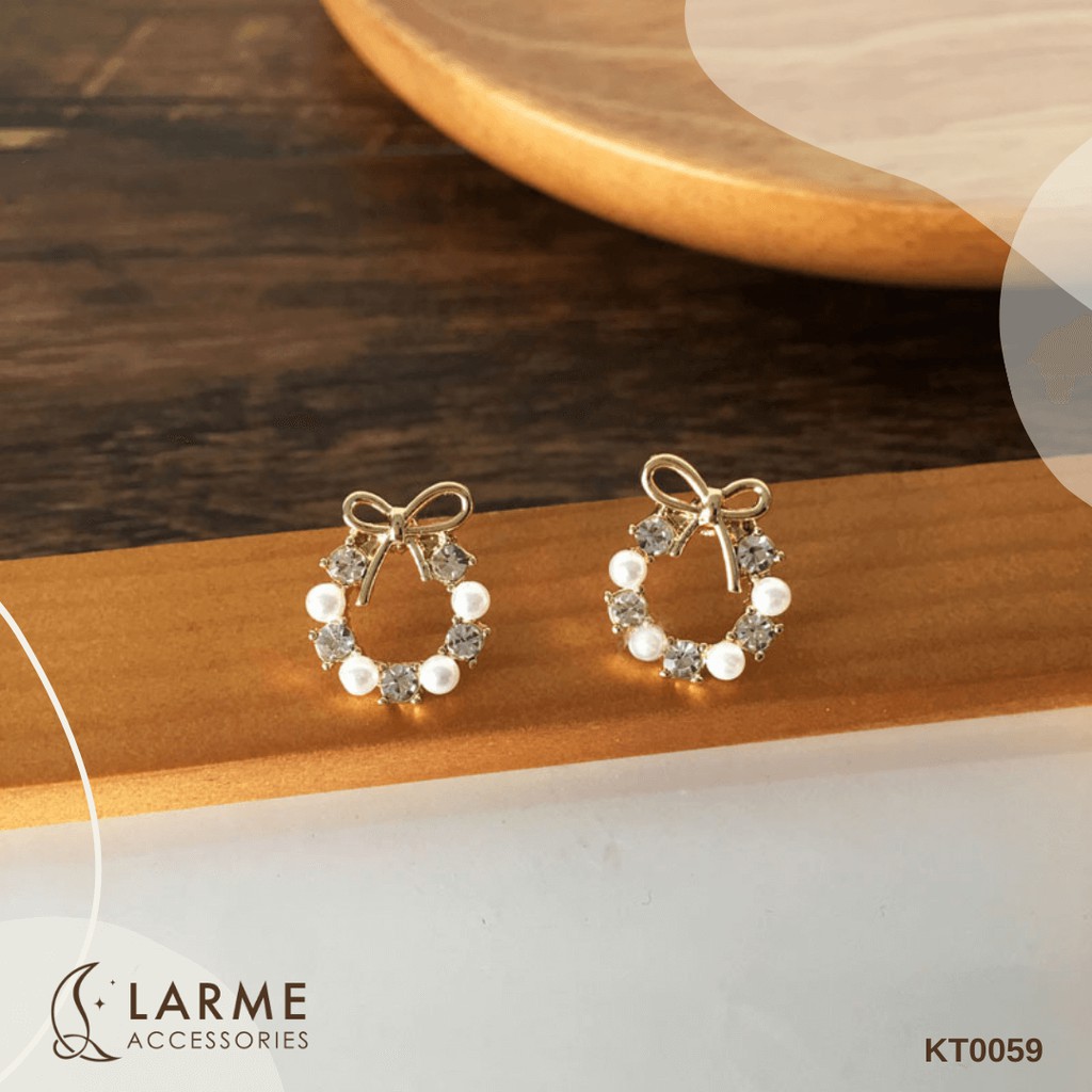 Bông tai, khuyên tai hoạ tiết nơ xinh xắn và ngọc nhân tạo Larme Accessories - KT0059