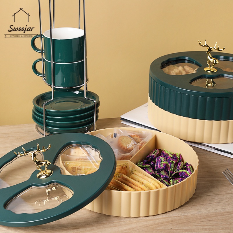 SWEEJAR Khay đựng trái cây khô  3 ngăn có nắp bằng nhựa PP phong cách Bắc Âu