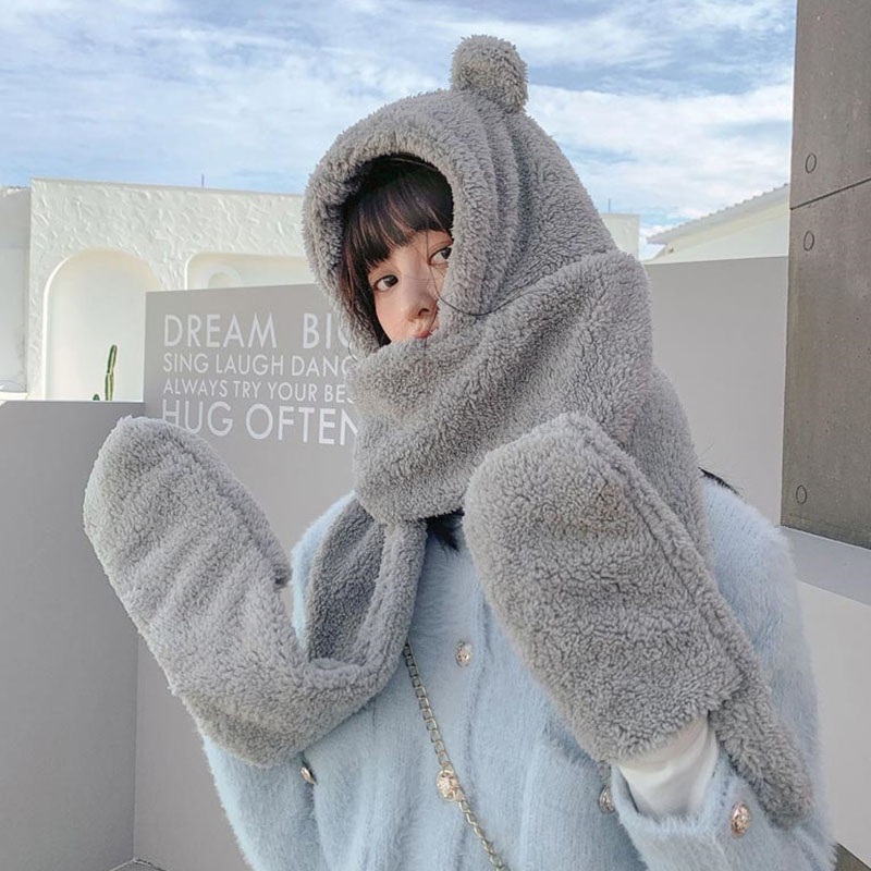 Khăn quàng cổ kiêm mũ trùm và găng tay thiết kế hình tai gấu dễ thương xinh xắn