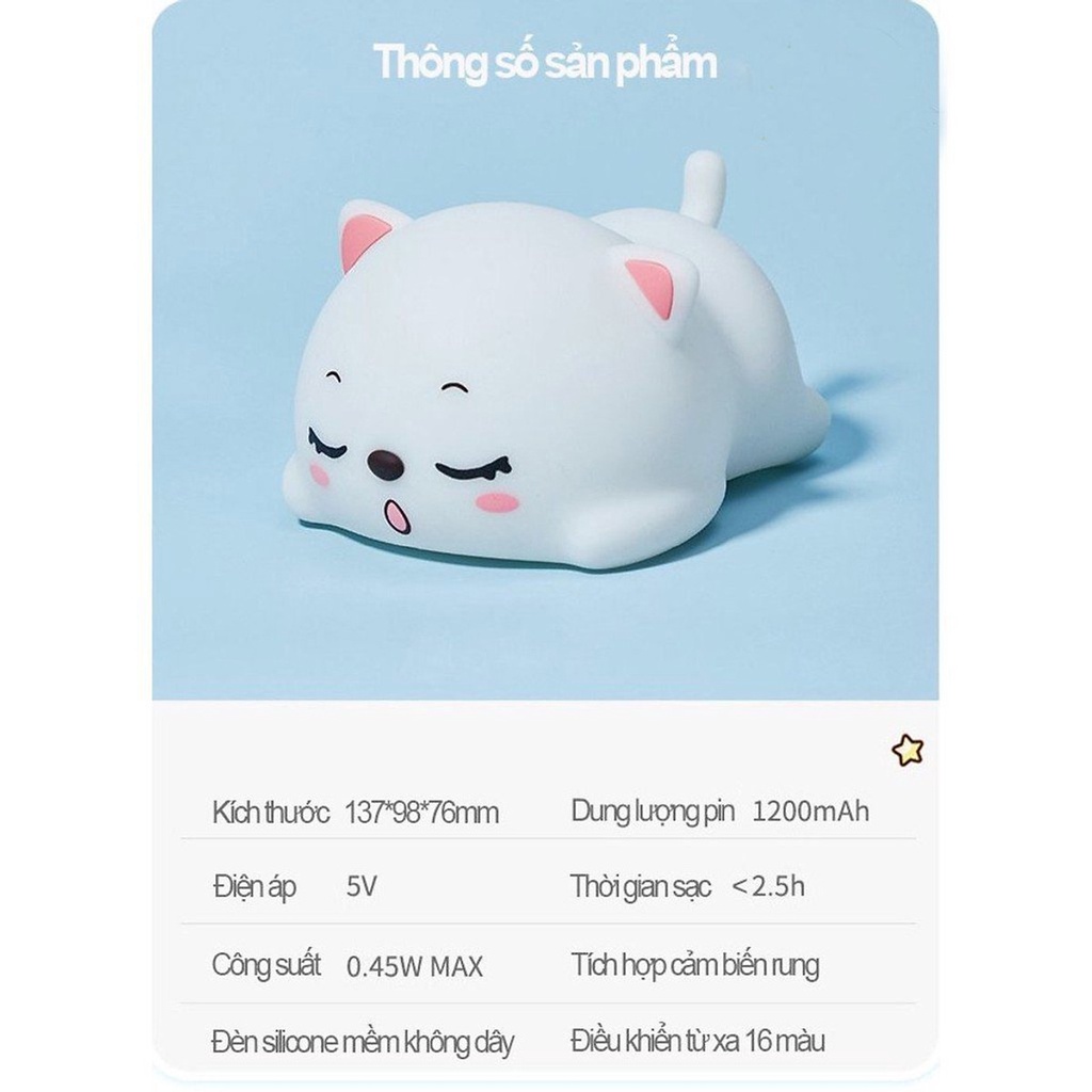 Đèn ngủ Mèo, Đám Mây silicon dễ thương,cảm biến chạm đổi 16 màu, có điều khiển từ xa