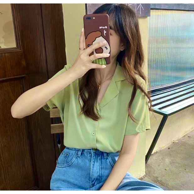 Áo Sơ Mi Cổ Vest Chất Đũi Tay Ngắn Ulzzang Hàn Quốc, Áo Tay Phồng Form Rộng Hottrend