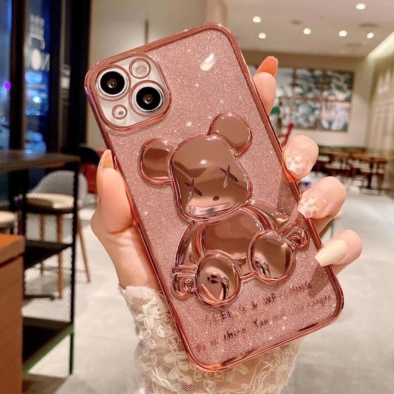 Ốp Điện Thoại Silicon Mạ Viền Họa Tiết Gấu Lấp Lánh Sang Trọng Cho iPhone 13 12 11 Pro Xs Max X Xr 8 7 Plus SE 2020