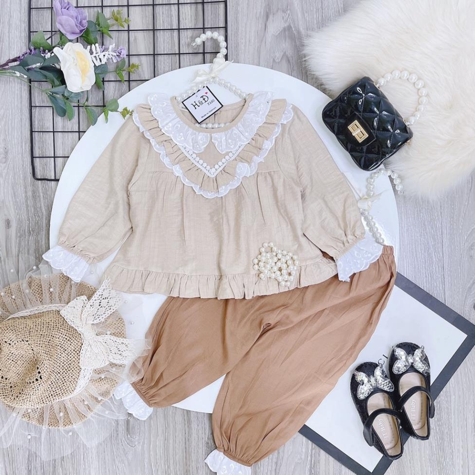 🍀Set Quần Áo Trẻ Em Đồ Bộ Thu Đông Cổ Viền Bèo Cho Bé Gái Chất Liệu Đũi Hàn Từ 9 - 18kg🍀