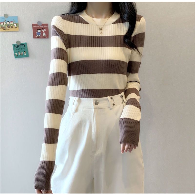 Áo sweater Dệt Kim Tay Dài Dáng Ôm Họa Tiết Kẻ Sọc Phong Cách Hàn Quốc Thời Trang Mùa Thu Cho Nữ NZ-TX-428
