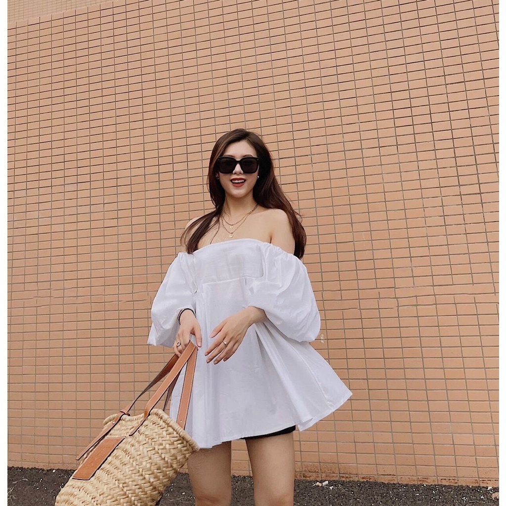 Áo babydoll bẹt vai tay phồng form rộng rãi thoải mái
