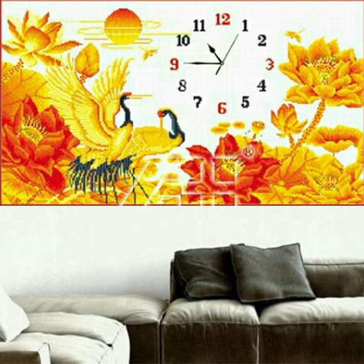 Tranh thêu hạc đồng hồ hoa sen 56726 - kích thước: 75 * 47cm. (TRANH CHƯA LÀM)