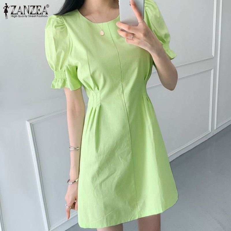 Đầm ZANZEA tay ngắn phồng cổ tròn thiết kế xếp li thời trang cho nữ