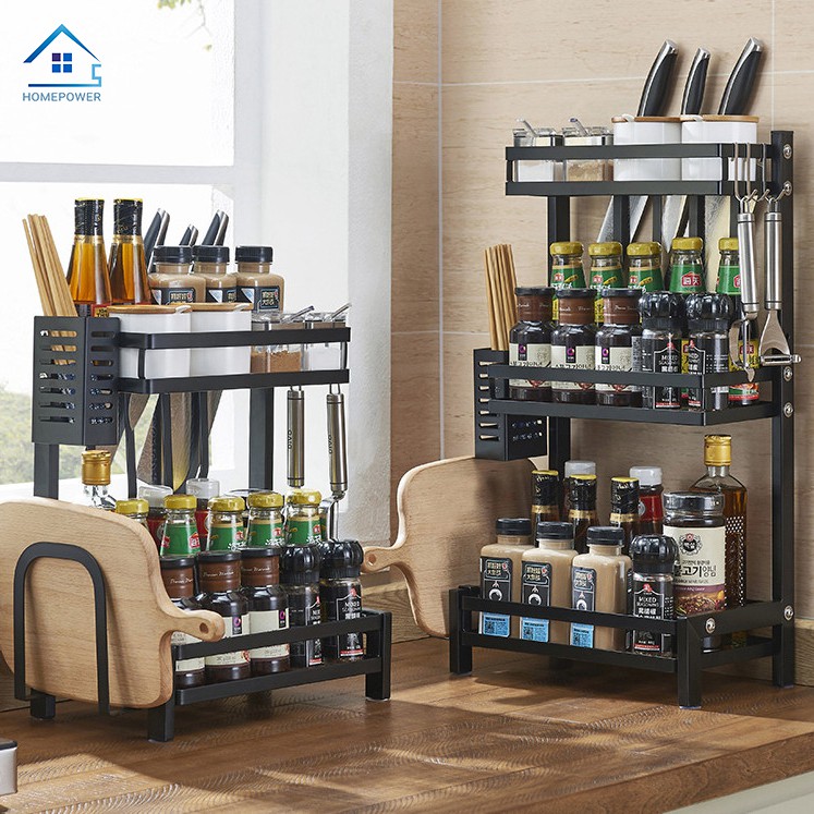 Kệ Để Gia Vị Nhà Bếp Đa Năng 4 Chân Đứng INOX 201 Sơn Tĩnh Điện Đen Cao Cấp - Đầy đủ phụ kiện đi kèm như hình