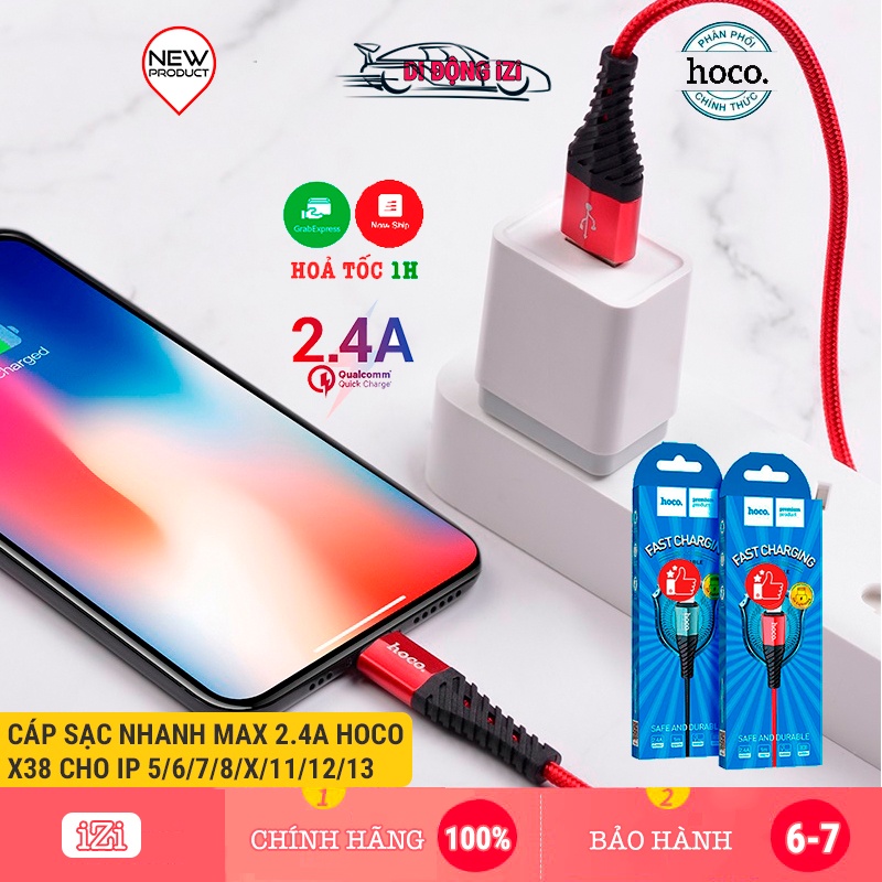 Cáp Sạc Cho IP 5/6/7/8, X/XsMax, 11/12/13/Pro/ProMax - Hoco X38 Cáp Sạc Dây Dù Siêu Bền, Sạc Nhanh Max 2.4A [CHÍNH HÃNG]