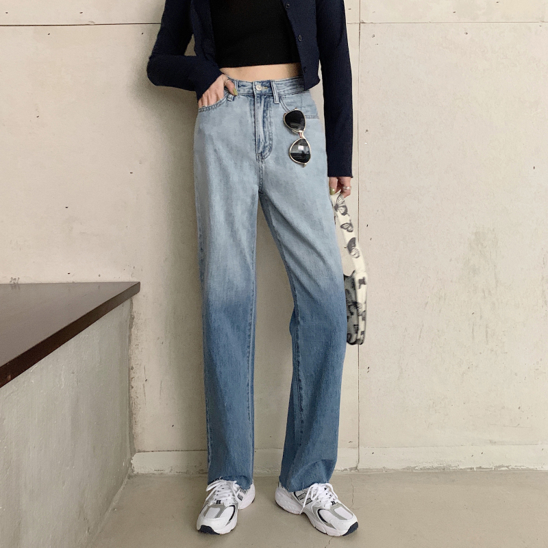 Quần Jean Dài Lưng Cao Dáng Rộng Màu Gradient Thời Trang Mùa Thu Trẻ Trung