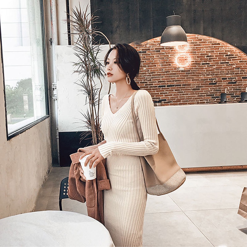 Đầm Dệt Kim Tay Dài Cổ Chữ V Thiết Kế Mới Thời Trang Mùa Thu Dành