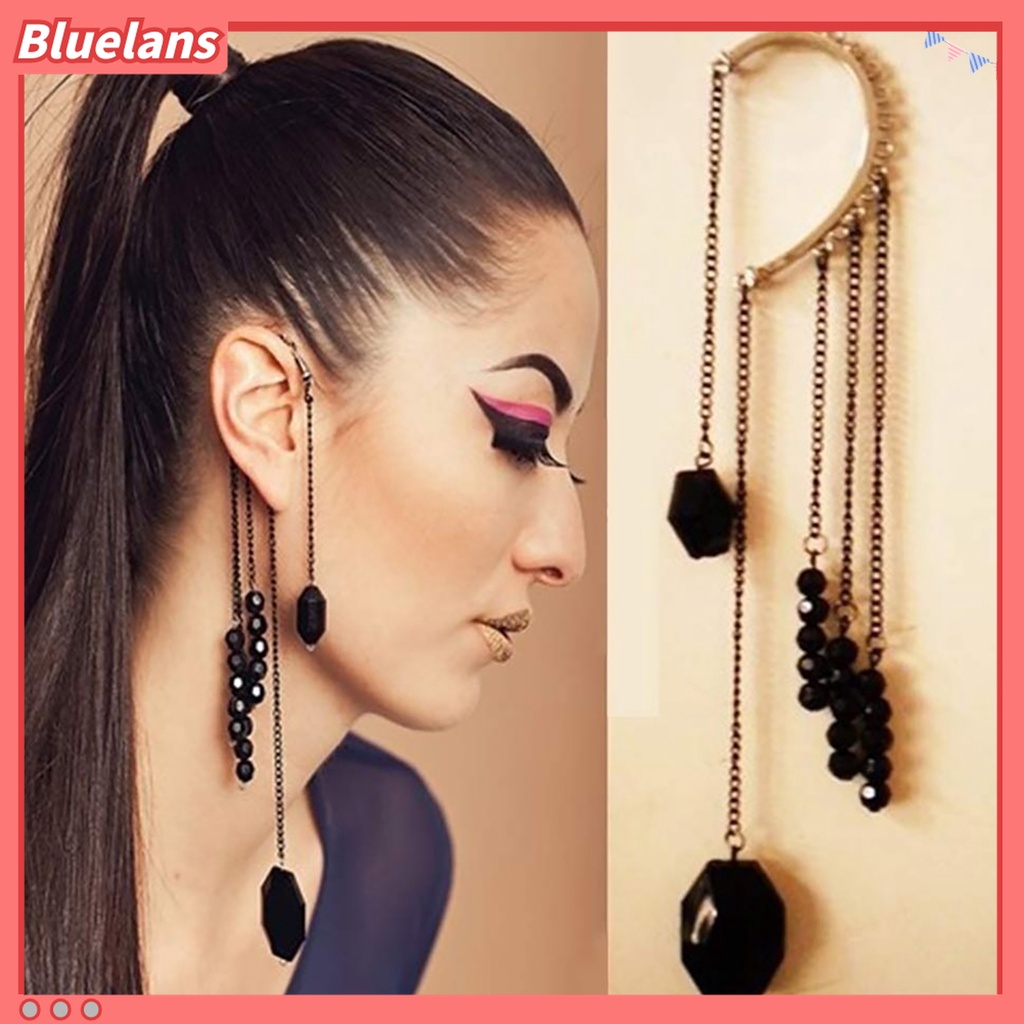 Khuyên đeo vành tai kiểu dài đính hạt đen nhân tạo huyền bí cho nữ