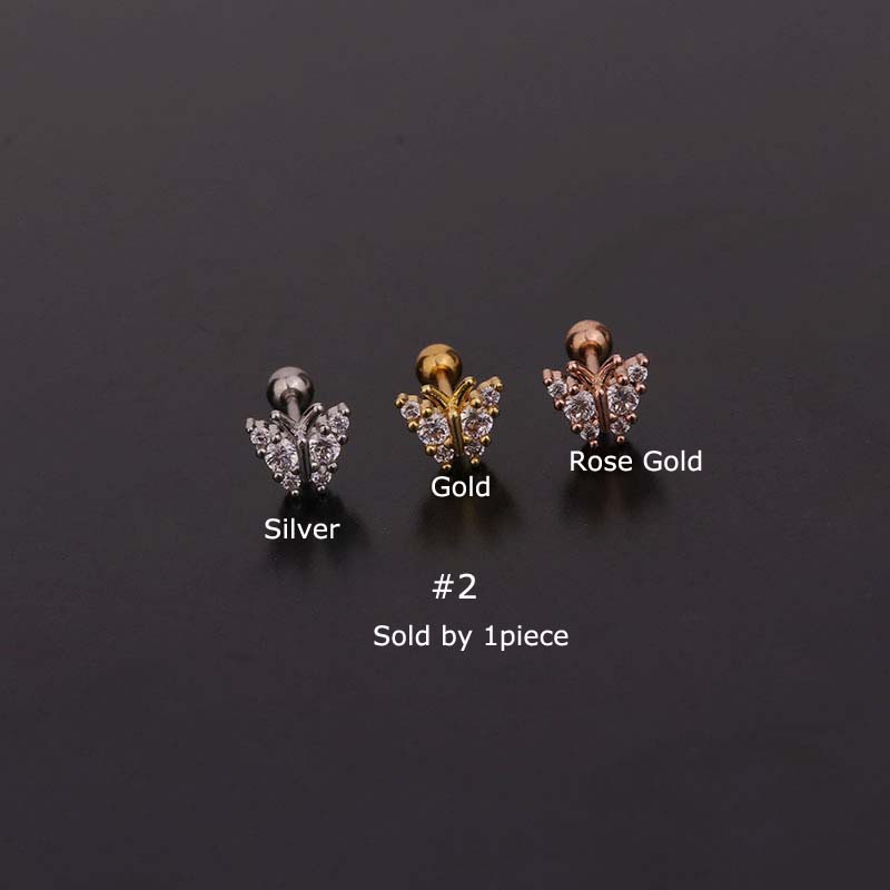 Hoa tai thép không gỉ hình bướm đầu xoắn xỏ khuyên cỡ 20g bằng Đồng với đá Zircon thời trang