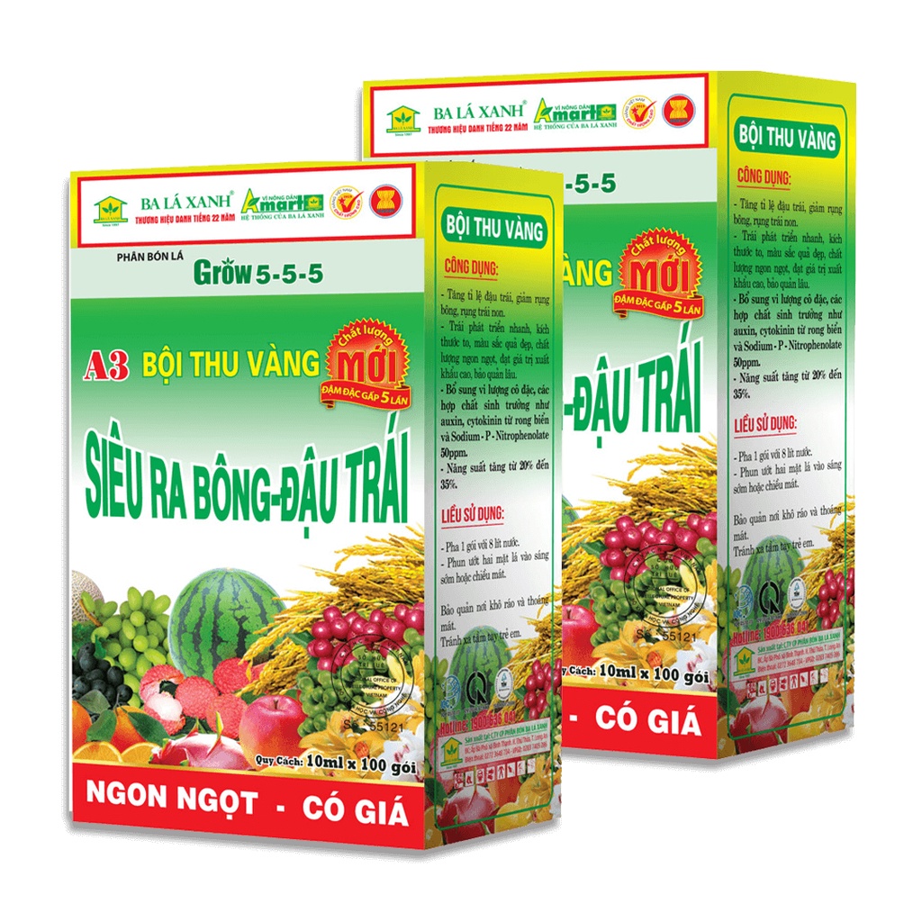 1 HỘP 10 GÓI A3 Bội Thu Vàng Grow 5-5-5 555 – Phân Bón Lá Siêu Ra Bông, Đậu Trái Ba Lá Xanh balaxanh