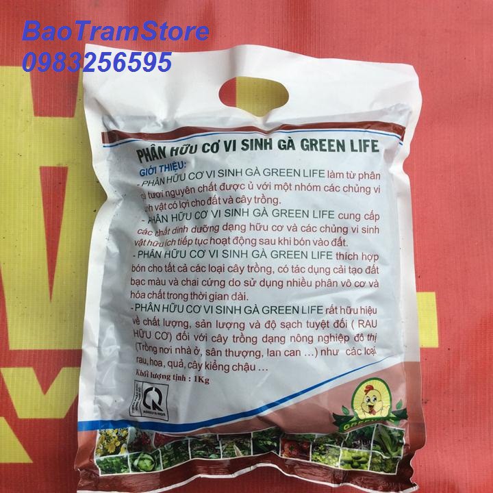 - Phân gà hữu cơ VI SINH GREEN LIFE gói 1kg hàng đẹp, chuyên cho cây hoa cảnh.
