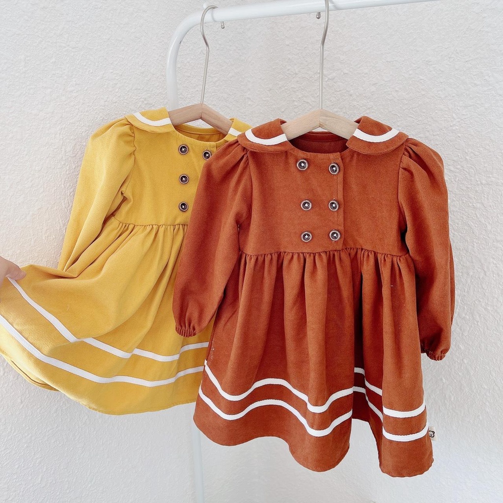 [size 12-25kg] Váy nhung dài tay có cổ, phối kẻ viền gấu cho bé gái xinh yêu, chất dày dặn