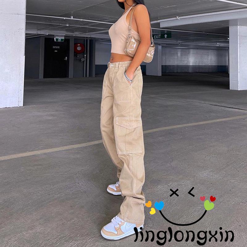 Quần Jean Nữ Ống Đứng Lưng Cao Màu Trơn Có Túi Linglongxi2