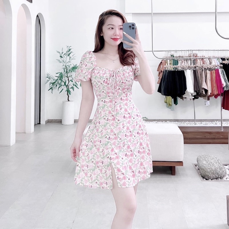 Váy hoa hồng cup ngực li rúm tay phồng