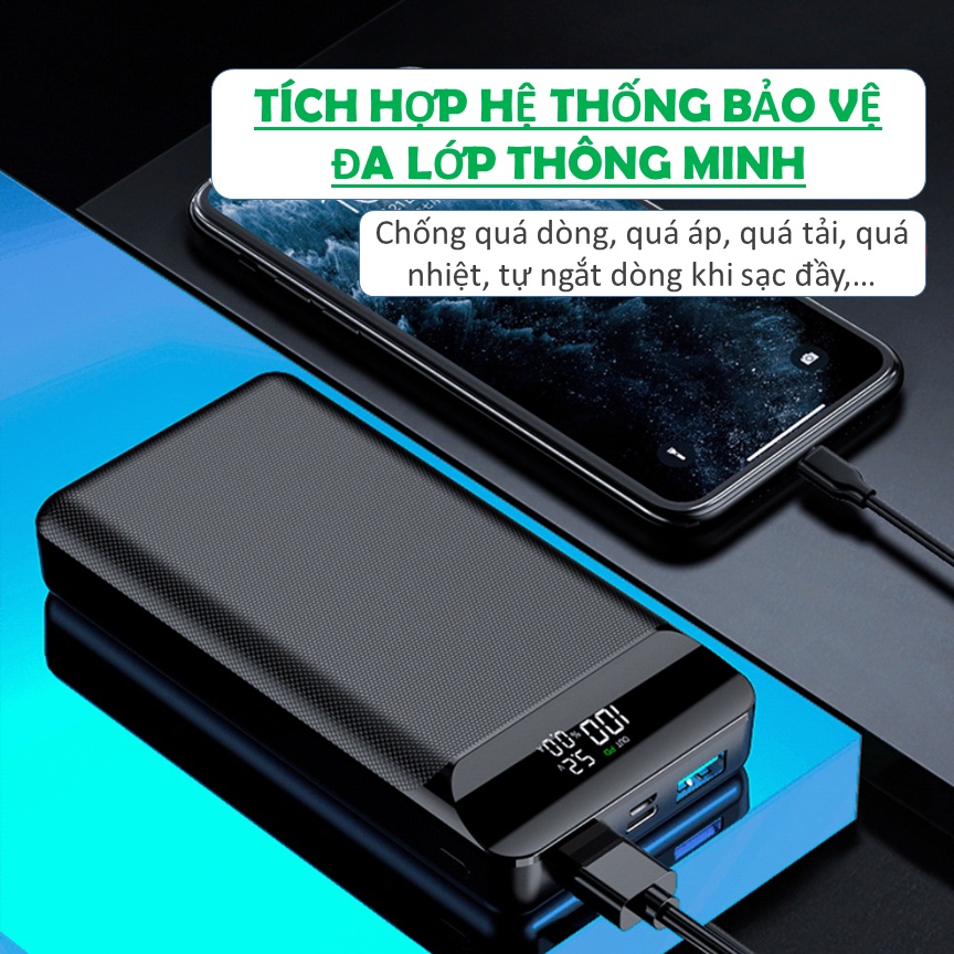 Sạc dự phòng 20000mAh, Sạc nhanh gấp 3 lần sạc thường PD - QC 3.0 18W  Hiển thị %Pin