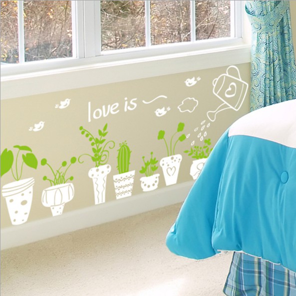 Decal trang trí tường - Nhiều Chậu Trắng nổi bật cùng lá