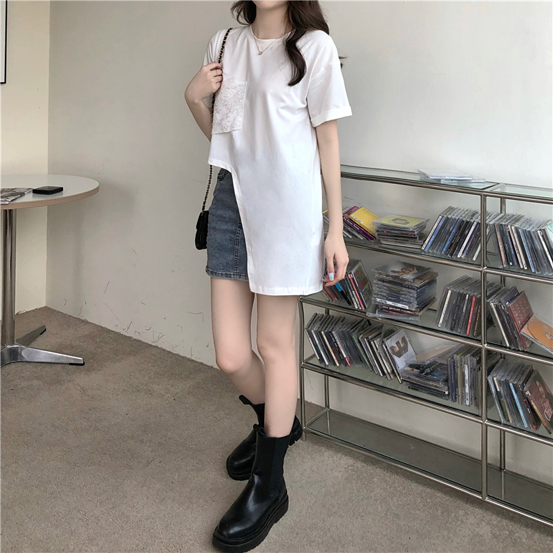 Áo thun nữ SUXI tay ngắn phối ren vạt không đối xứng phong cách Hàn Quốc