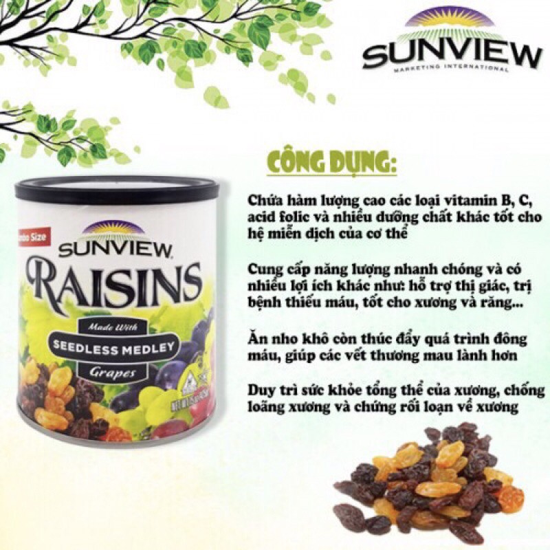 Nho Khô Mỹ SUNVIEW RAISINS hũ 425g loại hỗn hợp