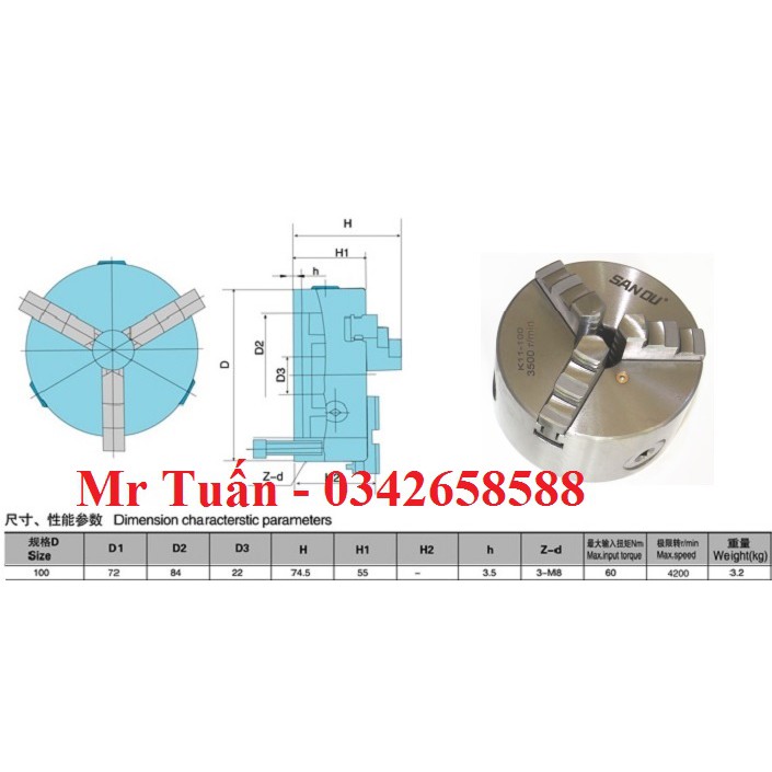 Mâm cặp 3 chấu 100mm K11-100