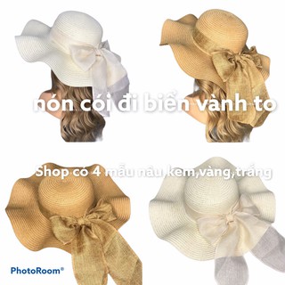 Nón cói vành to cong dây nơ thừng to-mũ cói đi biển hàng chất