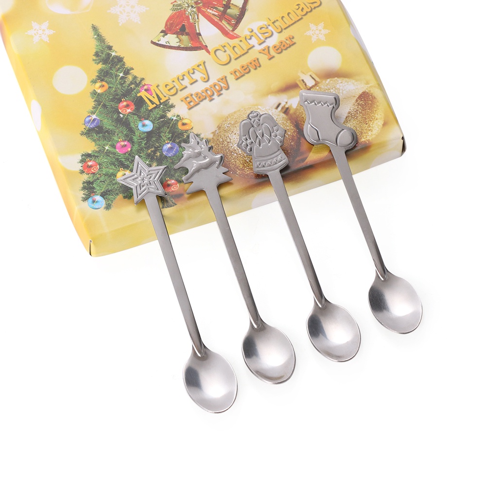 Bộ 4 Muỗng Cà Phê Bằng Thép Không Gỉ Họa Tiết Giáng Sinh Thời Trang