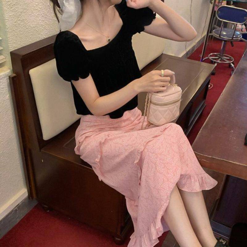 Set Áo Kiểu Tay Phồng Cổ Vuông Màu Hồng / Đen Thời Trang Sang Trọng Cho Nữ