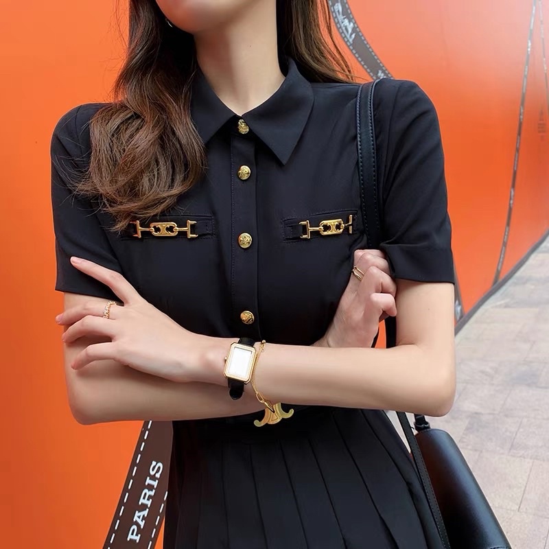 Đầm midi tiểu thư xếp ly xoè nịch eo qccc