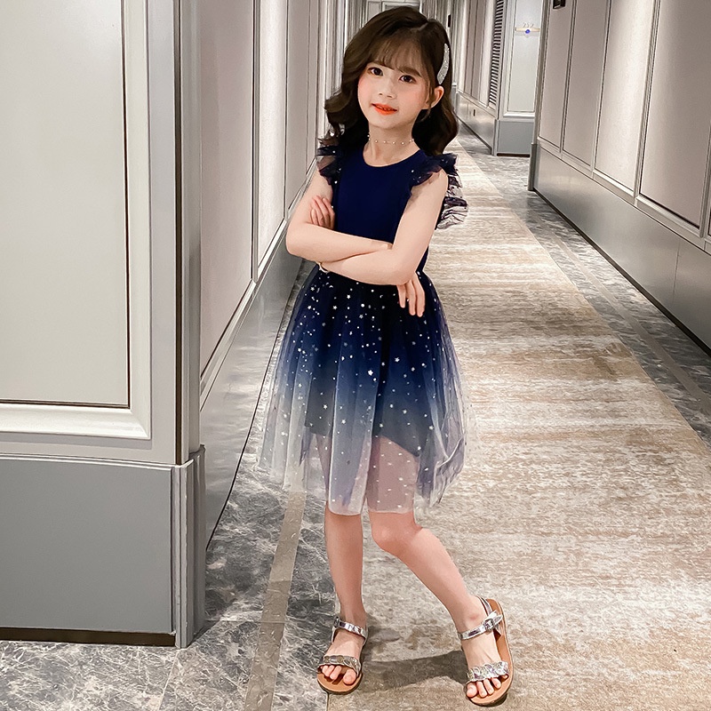 Đầm vải IQ Angel màu gradient họa tiết bầu trời sao thời trang cho bé