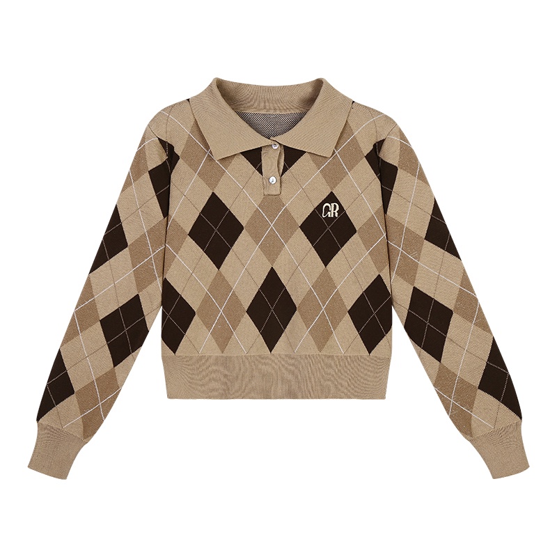 Áo Sweater Dệt Kim Dáng Ngắn Họa Tiết Hình Thoi Thời Trang Cho Nữ